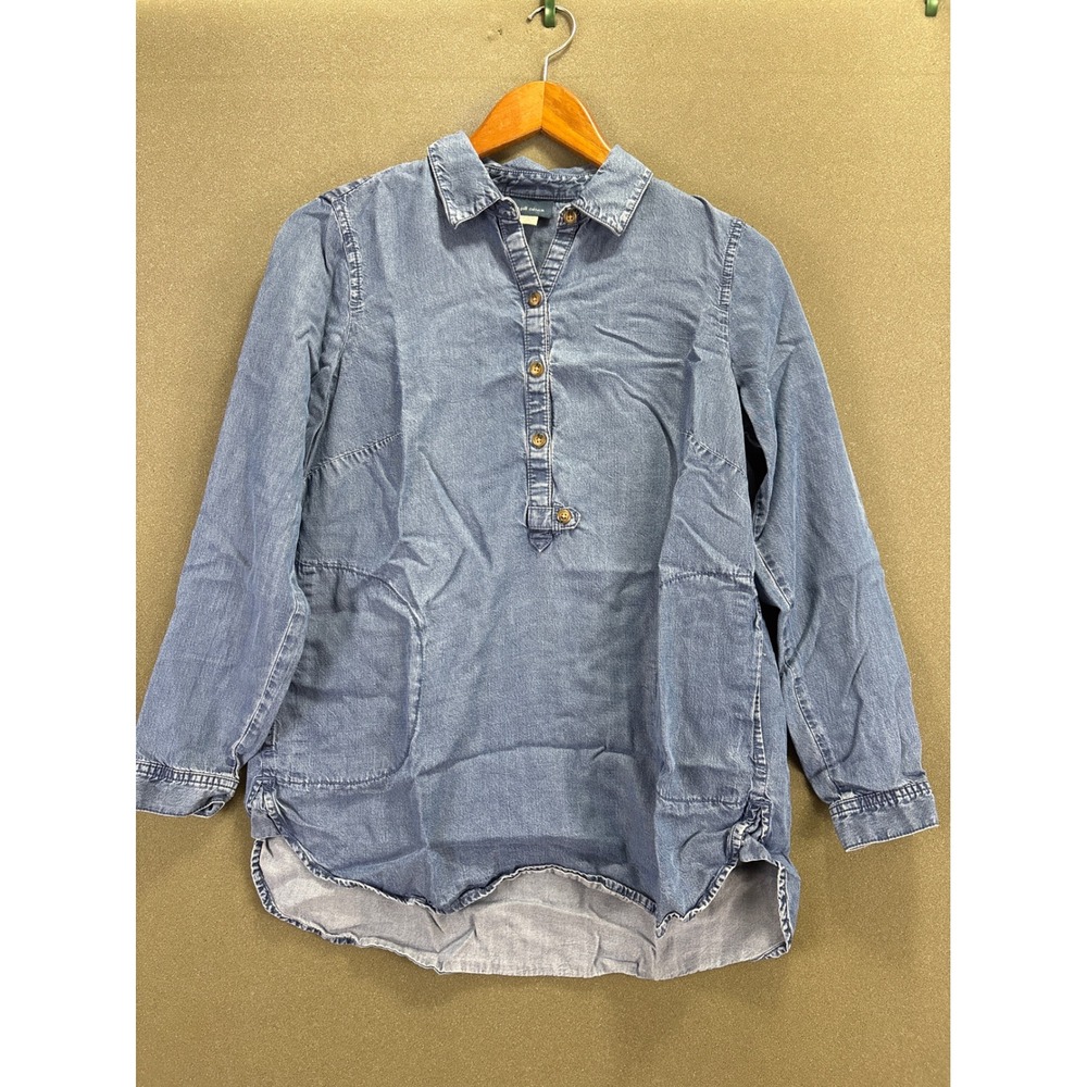 J. Jill Denim Blue Henley Tunic Shirt Womens XS Petite Long Sleeve Pockets